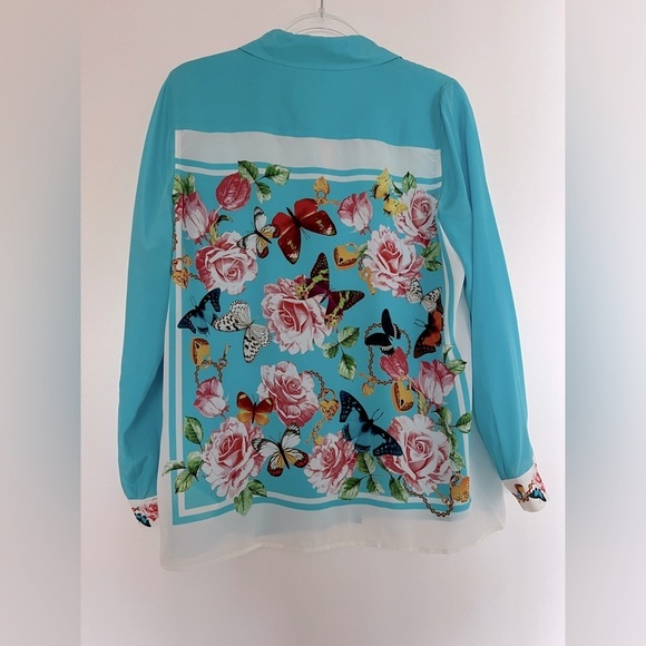 NEW L'AGENCE GIO SILK BLOUSE - AQUA MULTI BUTTERFLY SCARF / Medium - Picture 8 of 8